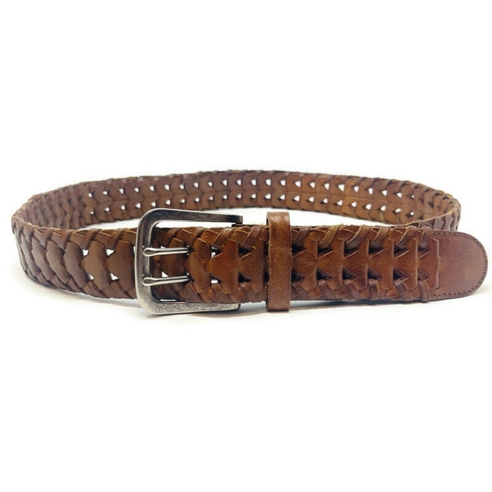 Vintage Boho Full Grain Leather Braided,‎ Woven Brown w/ Silver Toned Buckle